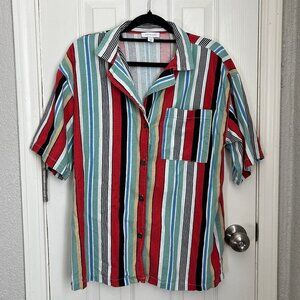 Topshop Stripe Oversize Linen Blend Button-Up Shirt - Size 2/XS